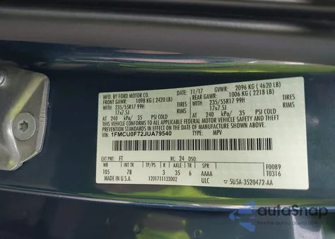 2018 Ford Escape S z USA, uszkodzony, nr VIN 1FMCU0F72JUA79540